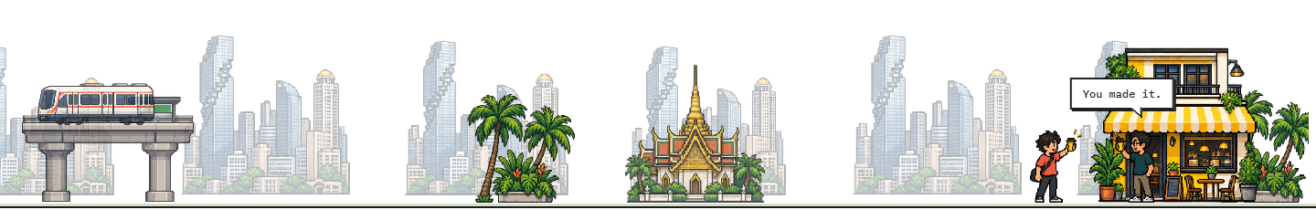 Two founders raise their cups at a Bangkok café, with palms and the city skyline behind them.